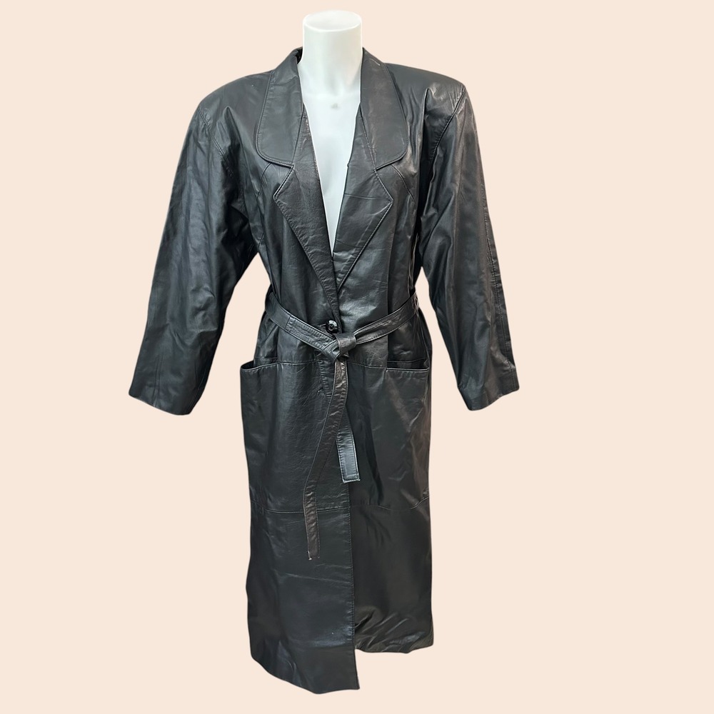 Gino di Giorgio Black 100% Leather Belted Trench Coat Womens Sz Small